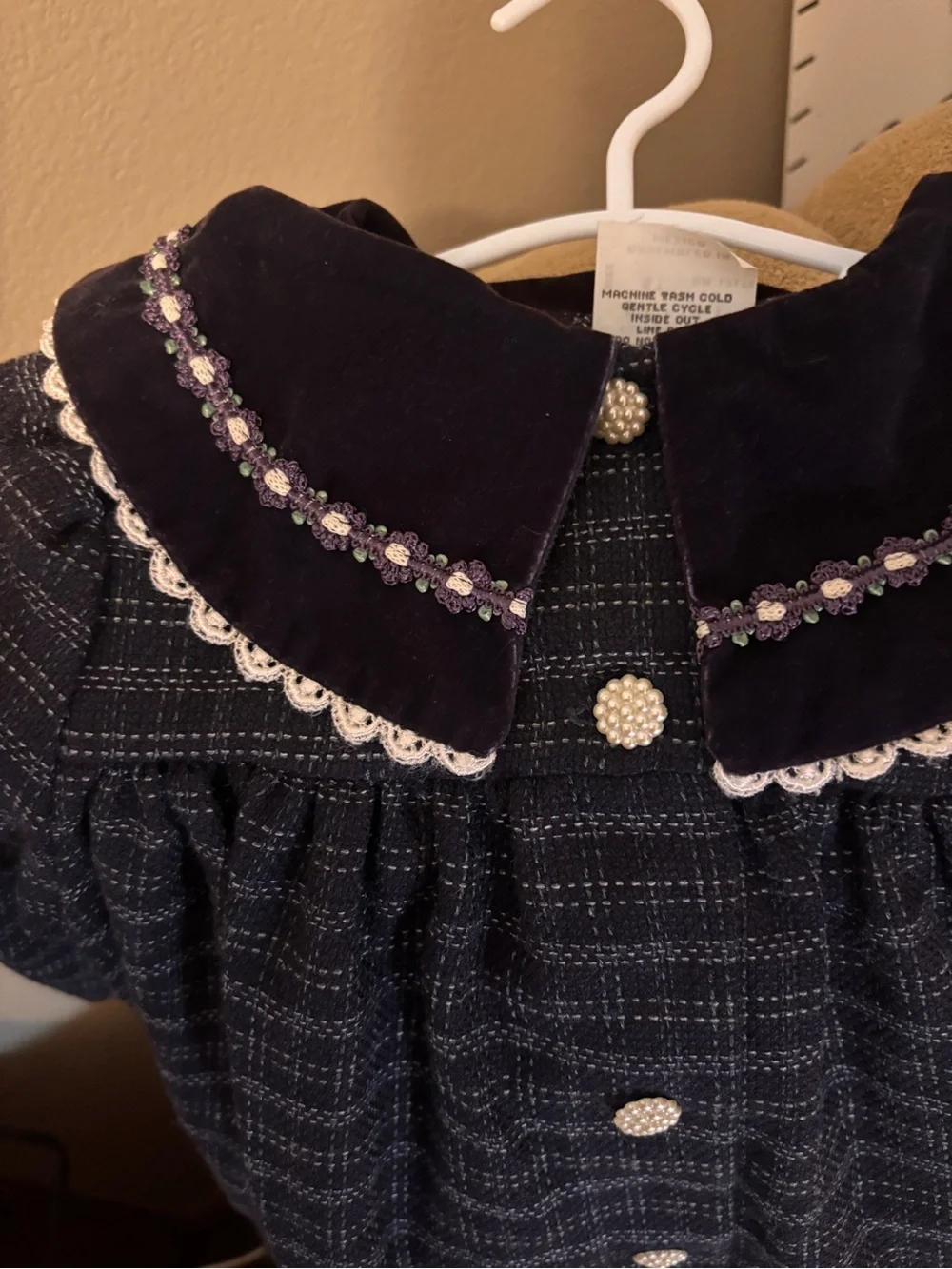 Vintage Bonnie Jean Girls Dress 4T Navy Plaid Velvet Peter Pan Collar Lace Pearl